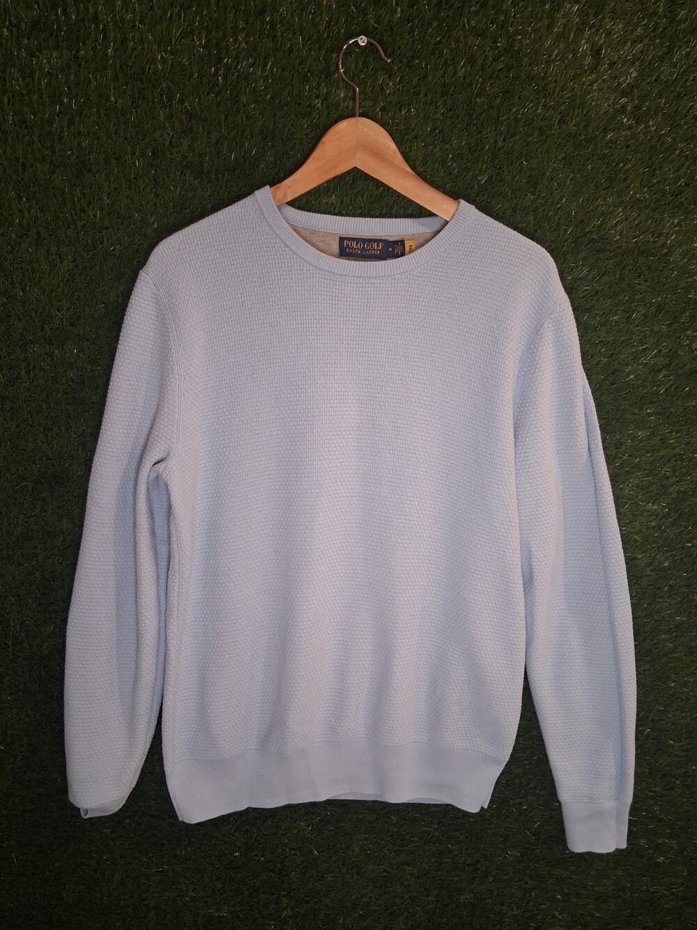 Polo Golf Ralph Lauren Sweater Mens Medium Light Blue Waffle Honeycomb Knit L/S